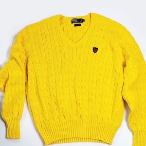 MEN'S YELLOW POLO CABLE KNIT V-NECK SWEATER